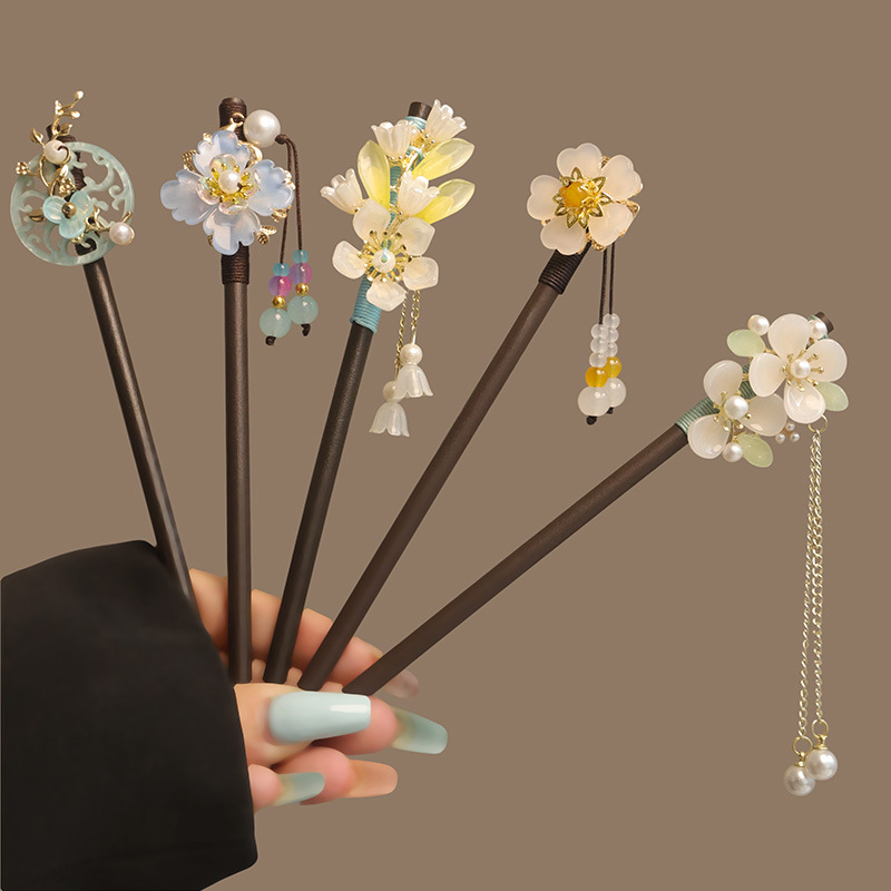 Hanbok Hair Pin - Çiçek Püskül Inci Saç Sopa Ahşap